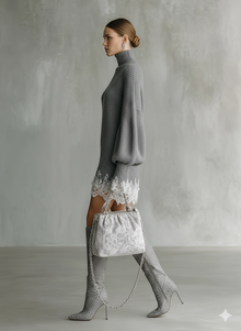 Celeste | Vestido Corto de Punto de Otoño Cuello Alto Mujer Encaje y Manga Larga
