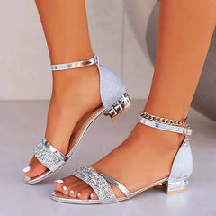 Celia | Sandalias de Tacón Bajo con Strass Mujer Correa Tobillo