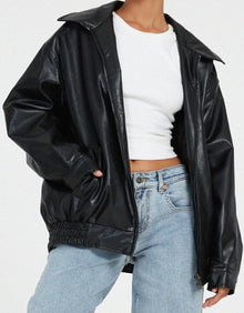 Chaqueta de Polipiel Oversize Mujer Cremallera Cuello Solapa