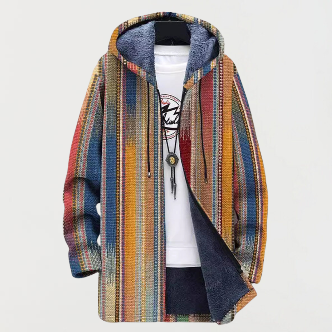 Darío | Men's Long Ethnic Print Hooded Fleece Coat