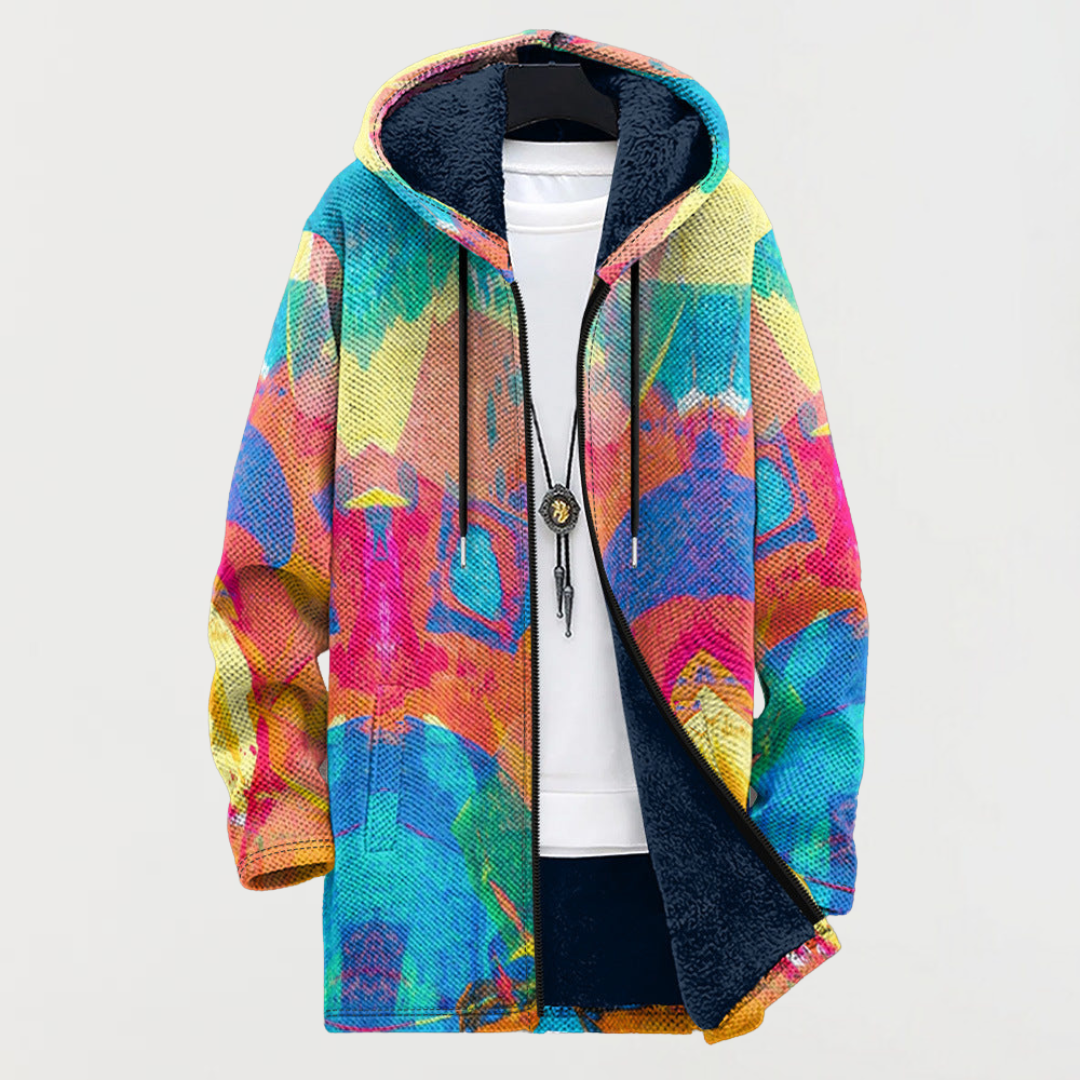 Darío | Men's Long Ethnic Print Hooded Fleece Coat