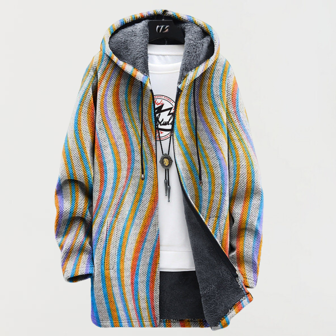 Darío | Men's Long Ethnic Print Hooded Fleece Coat