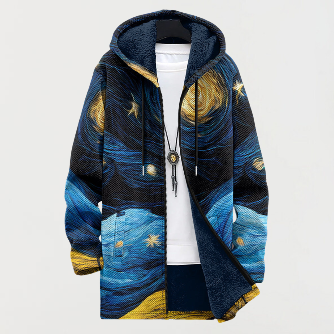 Darío | Men's Long Ethnic Print Hooded Fleece Coat