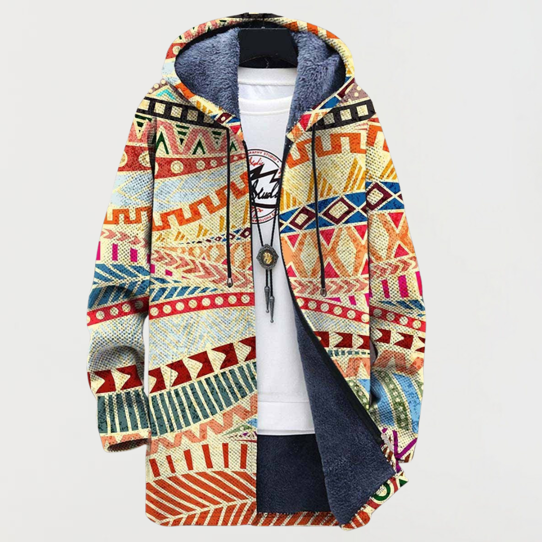 Darío | Men's Long Ethnic Print Hooded Fleece Coat