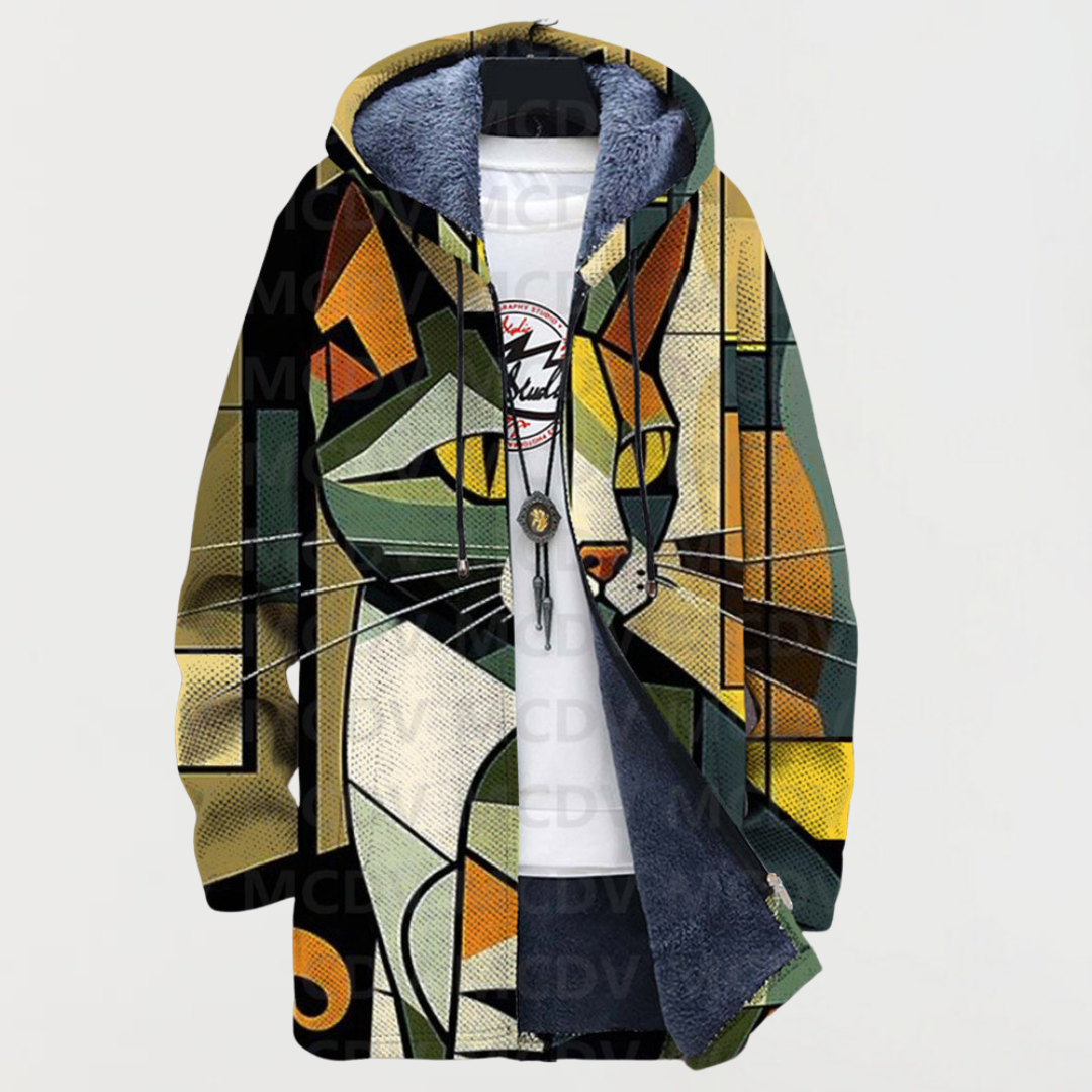 Darío | Men's Long Ethnic Print Hooded Fleece Coat