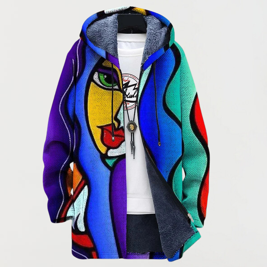 Darío | Men's Long Ethnic Print Hooded Fleece Coat