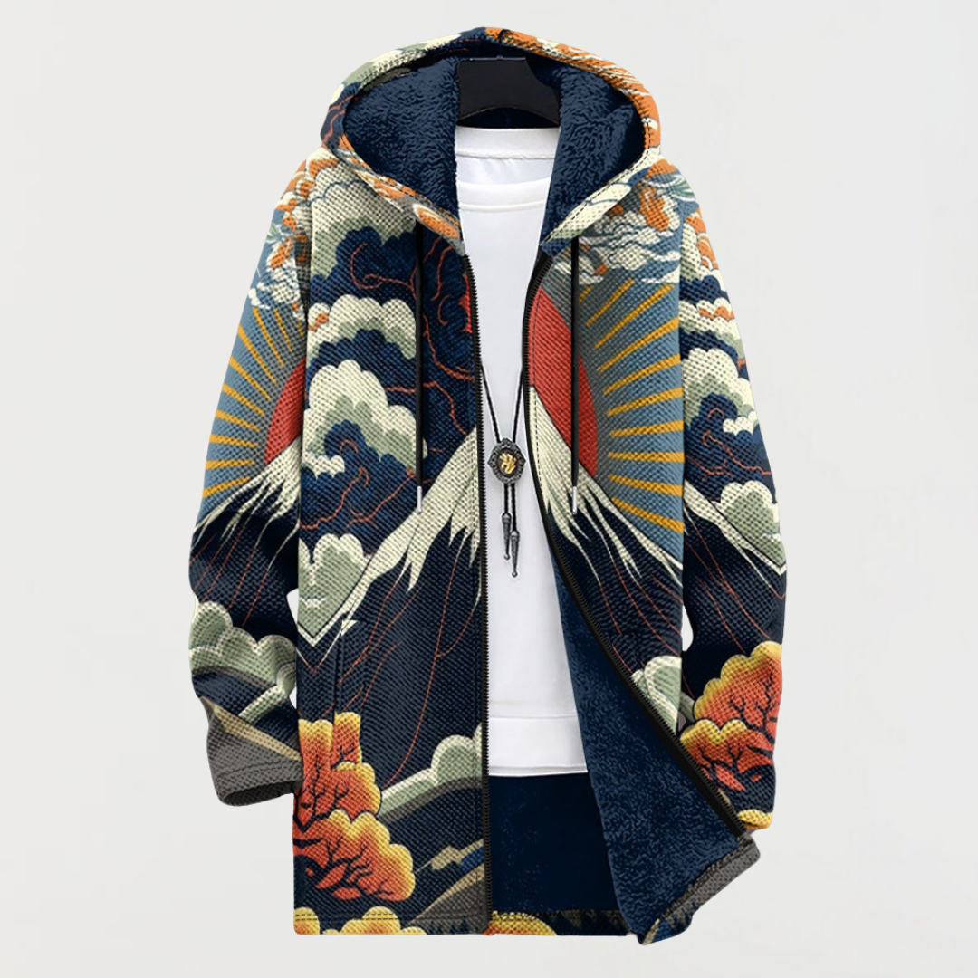 Darío | Men's Long Ethnic Print Hooded Fleece Coat