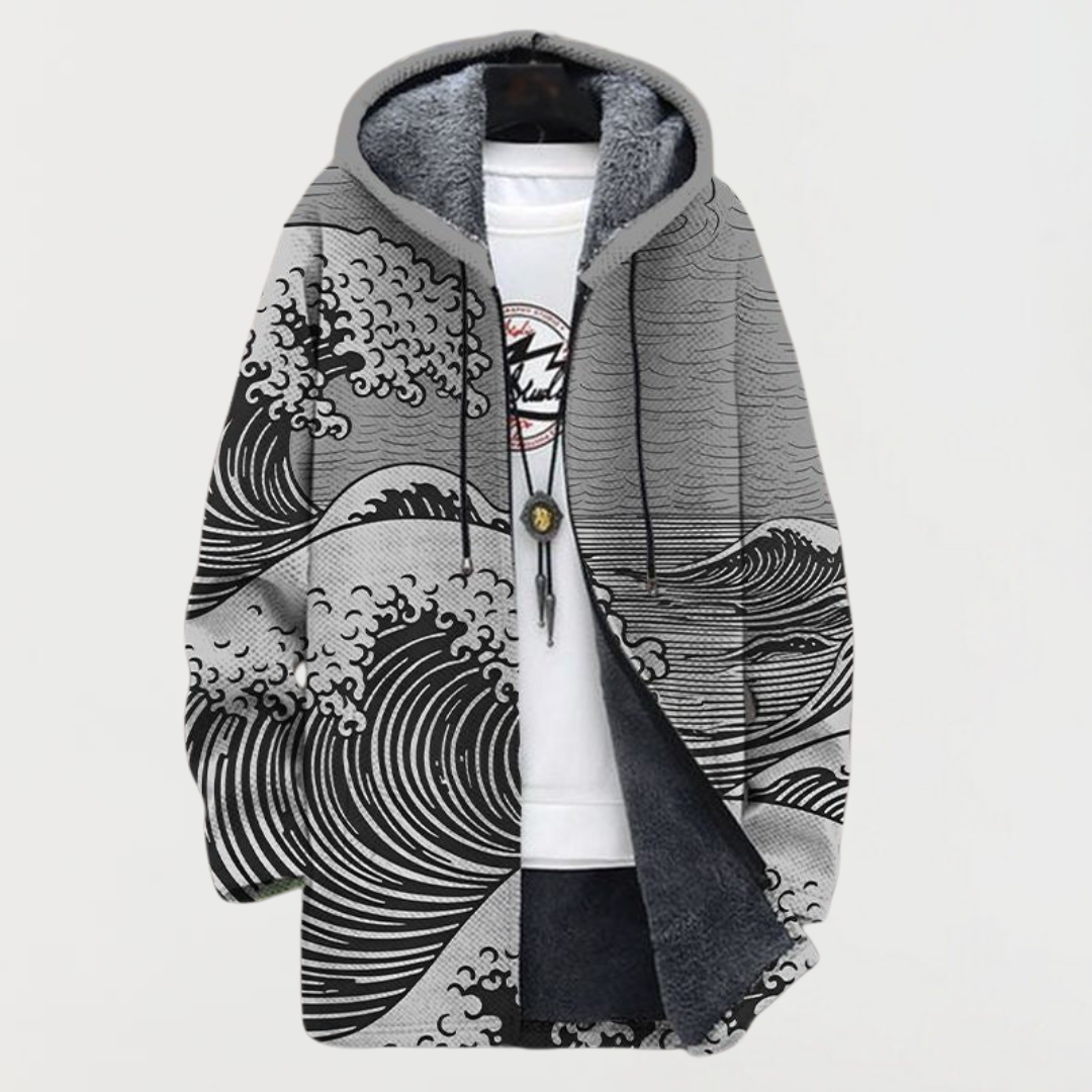 Darío | Men's Long Ethnic Print Hooded Fleece Coat