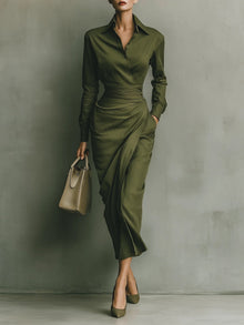 Delia | Vestido Camisero Drapeado Mujer Manga Larga Cintura
