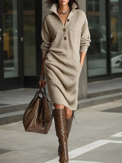 Delia | Vestido de Invierno de Punto Mujer Manga Larga Cuello Botonera