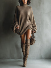 Delia | Vestido de Punto Corto de Otoño Mujer Cuello Alto Manga Larga Oversize