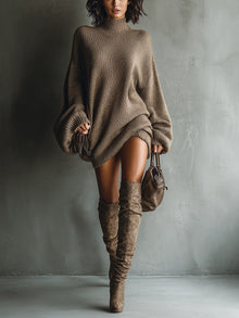 Delia | Vestido de Punto Corto de Otoño Mujer Cuello Alto Manga Larga Oversize
