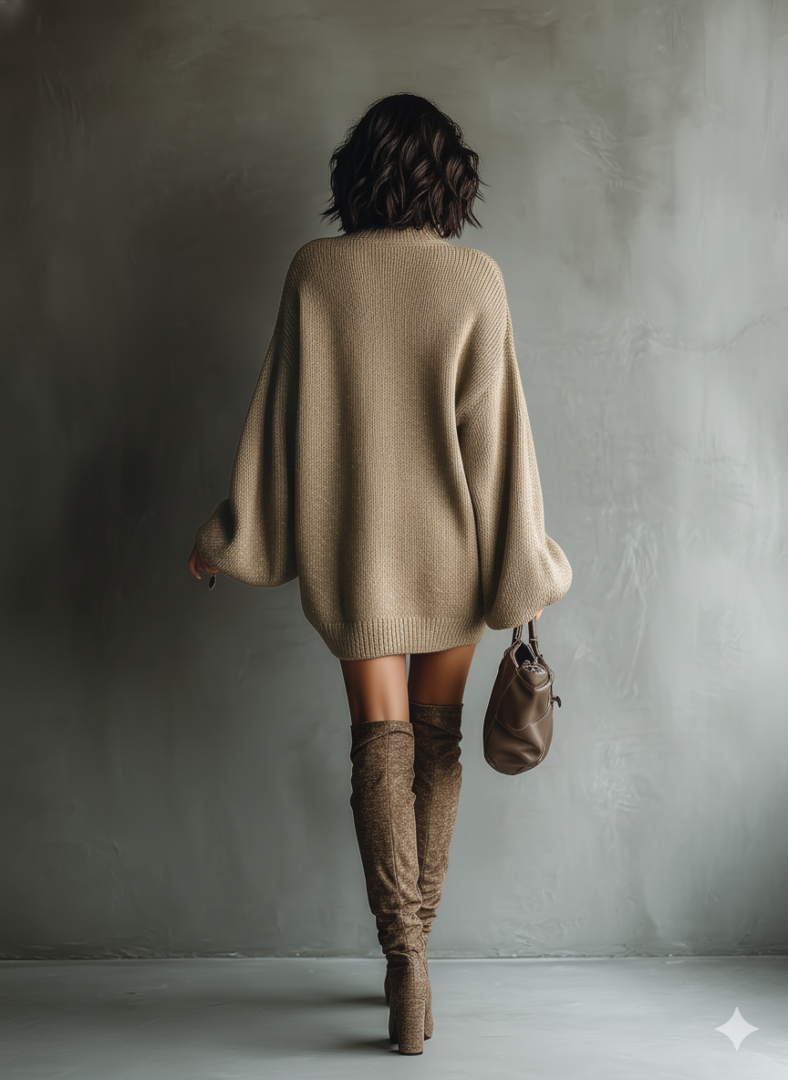 Delia | Vestido de Punto Corto de Otoño Mujer Cuello Alto Manga Larga Oversize