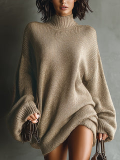 Delia | Vestido de Punto Corto de Otoño Mujer Cuello Alto Manga Larga Oversize