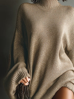 Delia | Vestido de Punto Corto de Otoño Mujer Cuello Alto Manga Larga Oversize