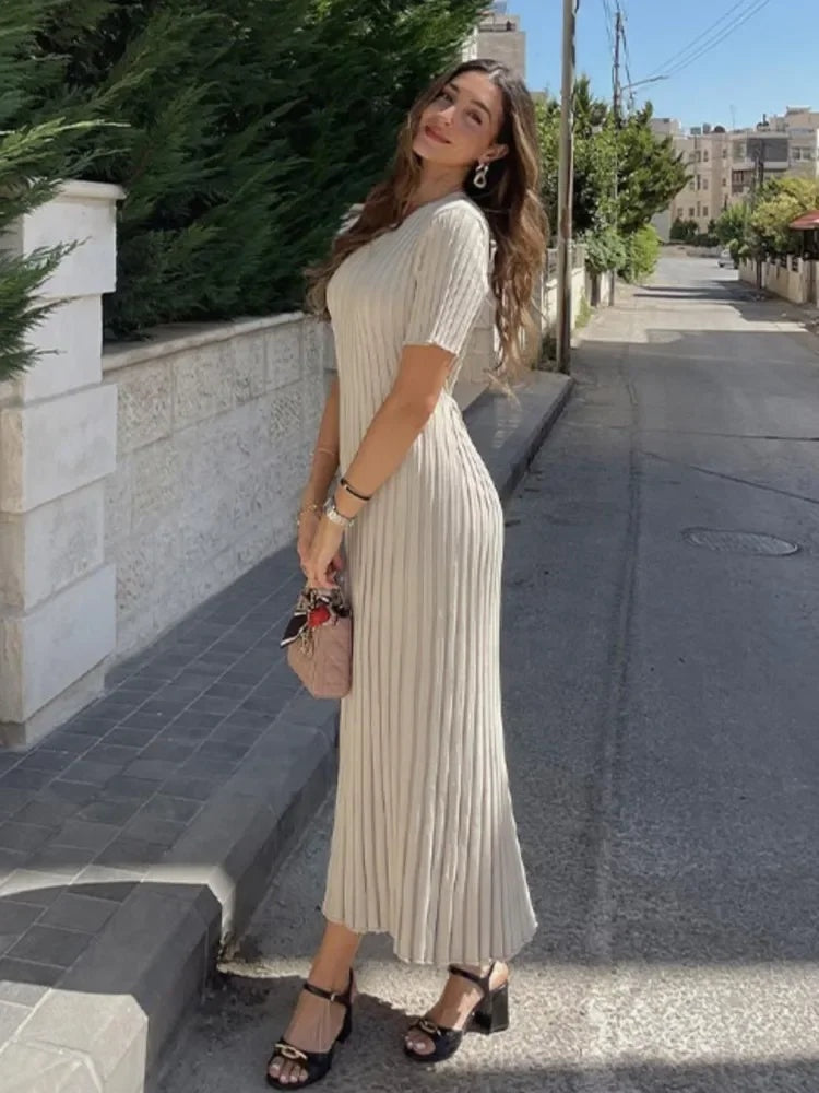 Delia | Vestido Largo de Punto Mujer Manga Corta Acanalado