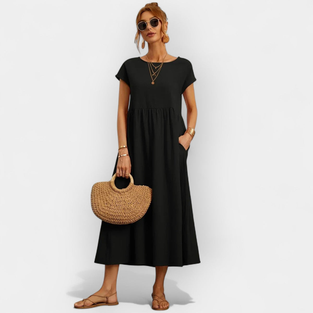 Dolores | Vestido Midi Casual con Bolsillos Mujer Manga Corta