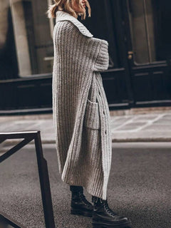 Elvira | Jersey de Punto Largo Oversized Mujer Cuello Solapa Bolsillos