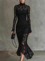 Elvira | Vestido de Encaje Manga Larga Invitada Invierno Mujer Cuello Alto