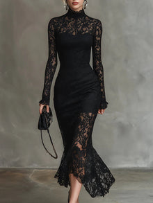 Elvira | Vestido de Encaje Manga Larga Invitada Invierno Mujer Cuello Alto