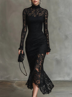 Elvira | Vestido de Encaje Manga Larga Invitada Invierno Mujer Cuello Alto