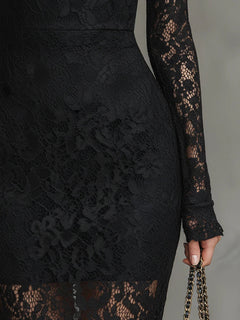 Elvira | Vestido de Encaje Manga Larga Invitada Invierno Mujer Cuello Alto