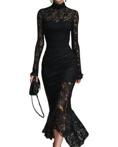 Elvira | Vestido de Encaje Manga Larga Invitada Invierno Mujer Cuello Alto