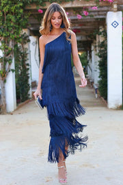 Esperanza | Vestido Largo Elegante Asimétrico de Un Hombro Mujer Flecos