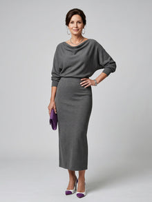 Esther | Vestido de Fiesta Midi de Punto Mujer Manga Larga Escote Drapeado