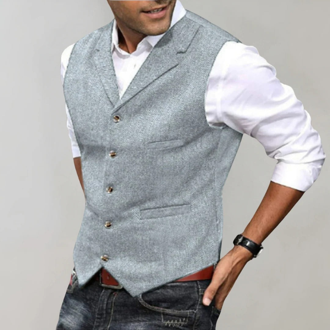 Fernando | Chaleco de Tweed Espiga Hombre Cuello Solapa Botones