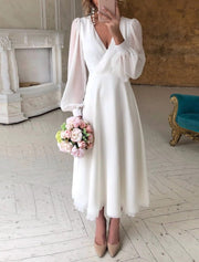 Gema | Vestido Midi de Manga Larga Mujer Escote V Mangas Abullonadas