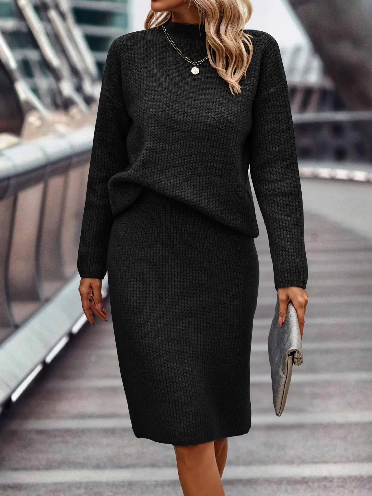 Inés | Conjunto de Punto de Jersey Mujer Falda Midi Cuello Alto