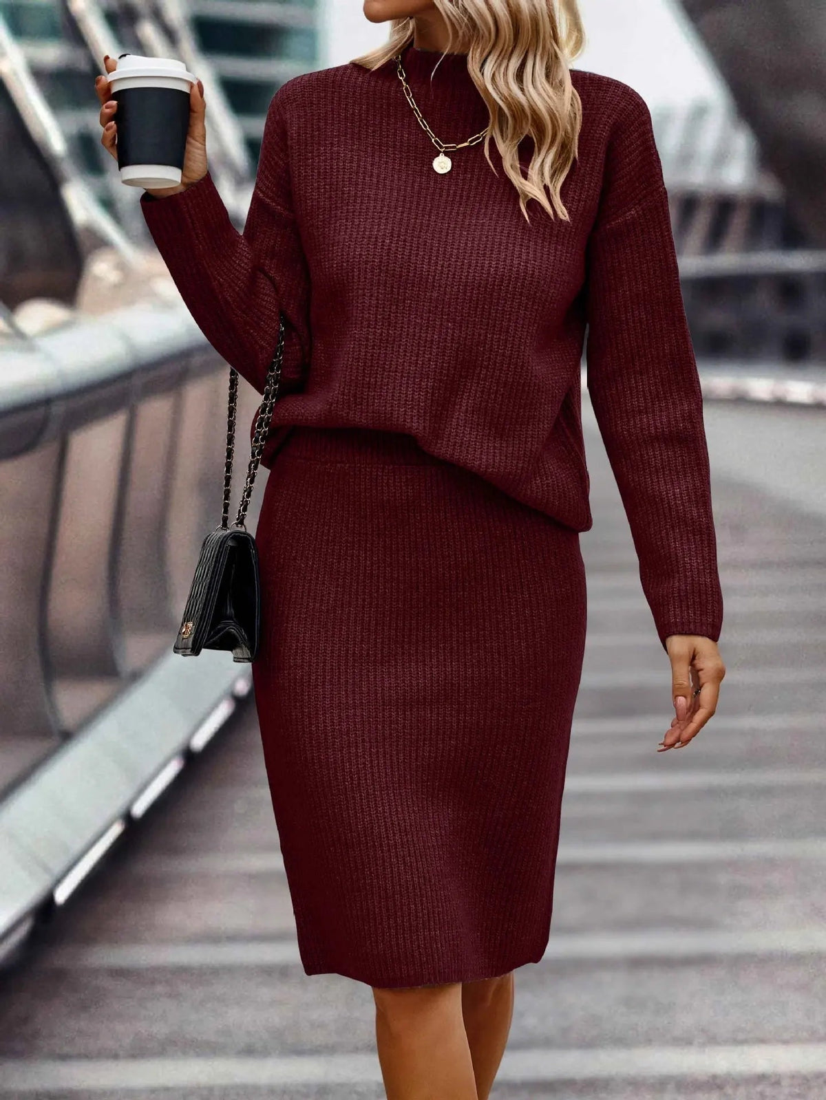 Inés | Conjunto de Punto de Jersey Mujer Falda Midi Cuello Alto