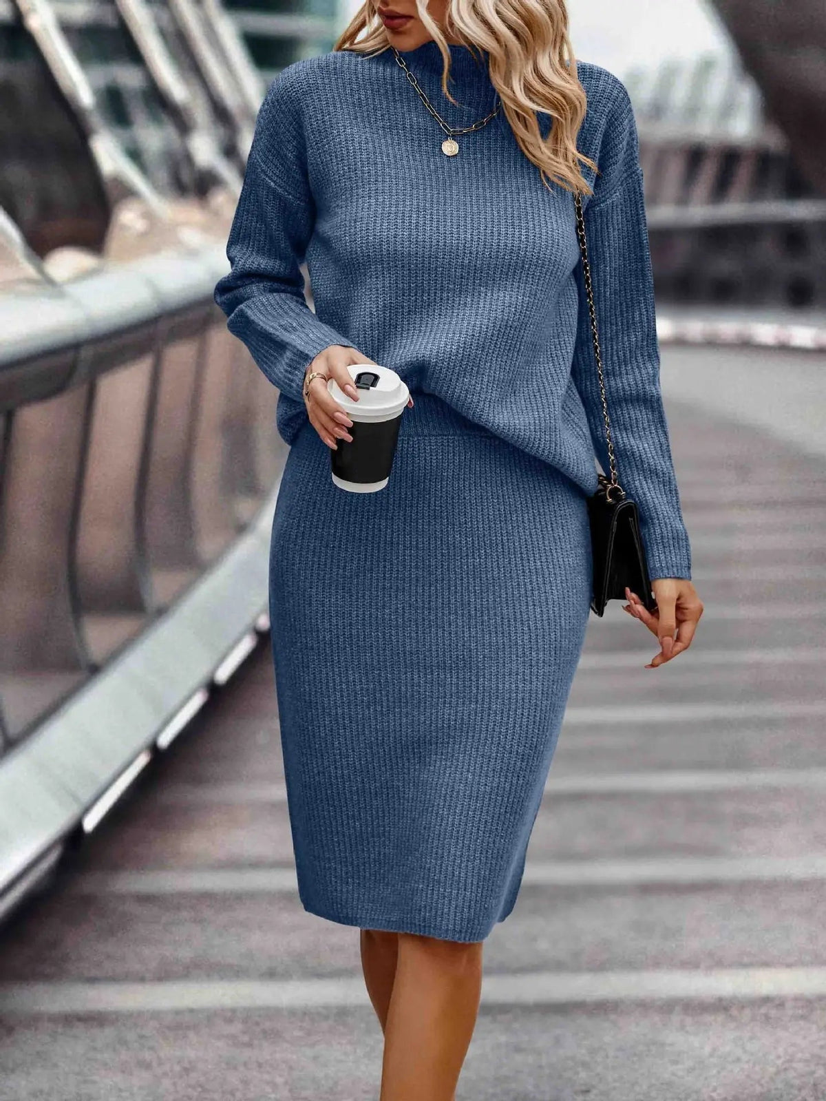 Inés | Conjunto de Punto de Jersey Mujer Falda Midi Cuello Alto