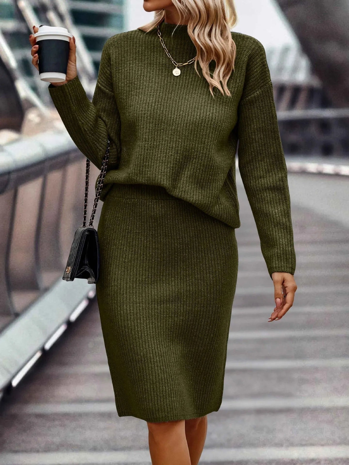 Inés | Conjunto de Punto de Jersey Mujer Falda Midi Cuello Alto