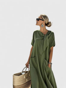 Inés | Vestido Largo Suelto con Lazo al Cuello Mujer Bolsillos