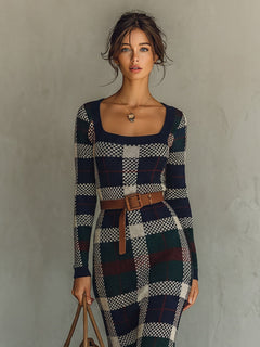 Irene | Vestido Largo de Punto de Otoño Mujer Cuello Cuadrado Cinturón