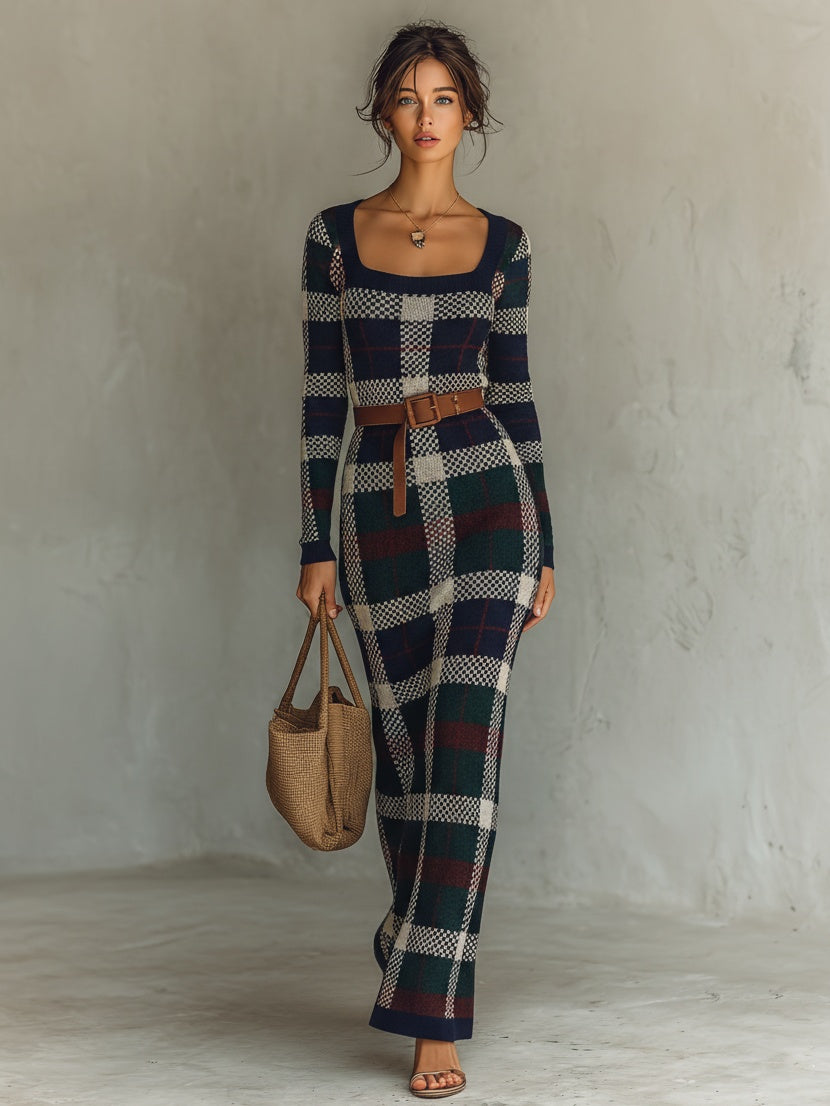 Irene | Vestido Largo de Punto de Otoño Mujer Cuello Cuadrado Cinturón
