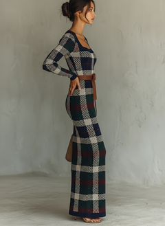 Irene | Vestido Largo de Punto de Otoño Mujer Cuello Cuadrado Cinturón