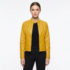Laia | Chaqueta Biker de Cuero Mujer Ajustada Cuello Mao