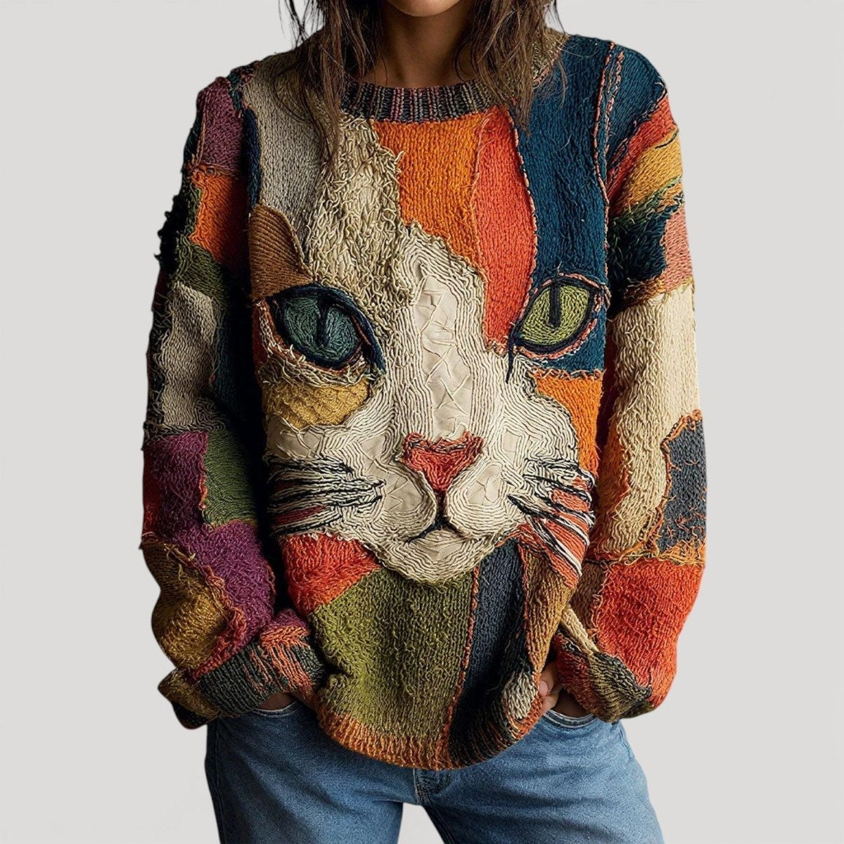 Laia | Jersey de Punto Estampado Gato Mujer Cuello Redondo Manga Larga