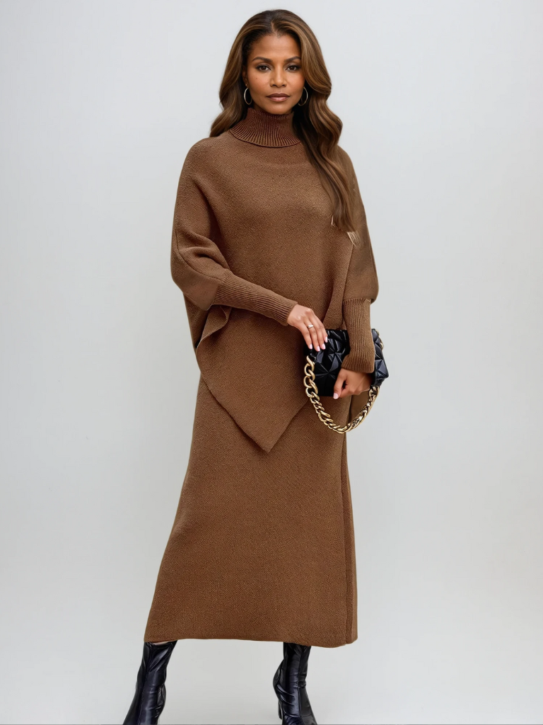 Leire | Conjunto de Punto Mujer Cuello Alto Poncho Falda Midi
