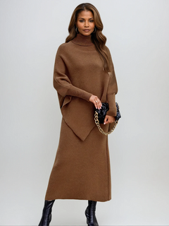 Leire | Conjunto de Punto Mujer Cuello Alto Poncho Falda Midi