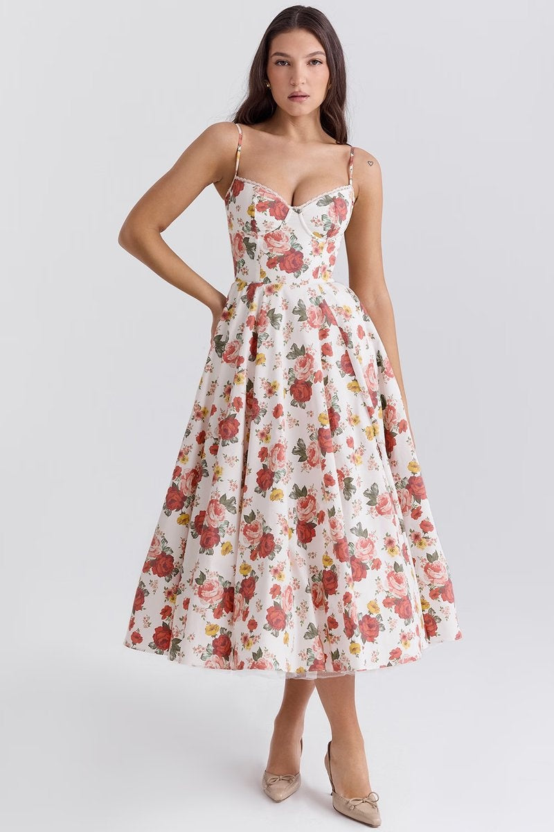 Leire | Vestido de Fiesta Midi Mujer Falda Acampanada Tirantes