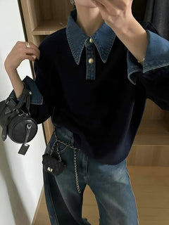 Lidia | Jersey de Punto Mujer Cuello Denim Patchwork Manga Larga