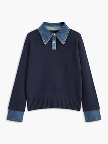 Lidia | Jersey de Punto Mujer Cuello Denim Patchwork Manga Larga