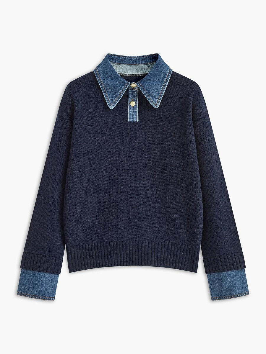 Lidia | Jersey de Punto Mujer Cuello Denim Patchwork Manga Larga