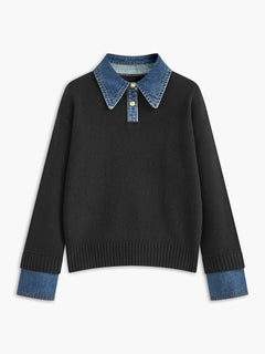 Lidia | Jersey de Punto Mujer Cuello Denim Patchwork Manga Larga