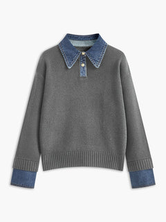 Lidia | Jersey de Punto Mujer Cuello Denim Patchwork Manga Larga