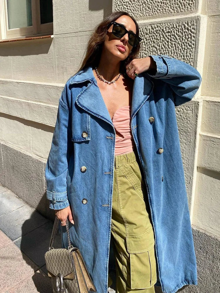 Lola | Trench Coat de Denim Largo Mujer Doble Botonadura
